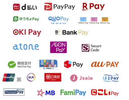 d払い, PayPay, 楽天ペイ, メルペイ, au PAY, WeChat Pay, Alipay+, ゆうちょPay, QUOカードPay, YOKA! Pay, J-Coin Pay, はまPay, 銀聯 (UnionPay), GLN, 街口支付 (JKOPAY), OKI Pay, Bank Pay, FamiPay, COLI Pay, PromptPay, MB Bank, atone, AEON Pay, Smart Code